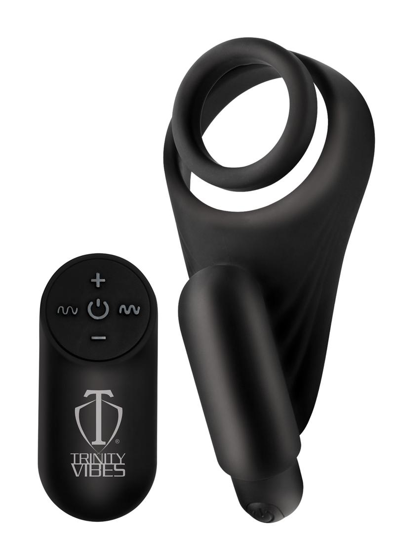 Trinity 4 Men Silicone Rechargeable C-Ring andamp; Vibrating Taint Stimulator With Remote Control - Black