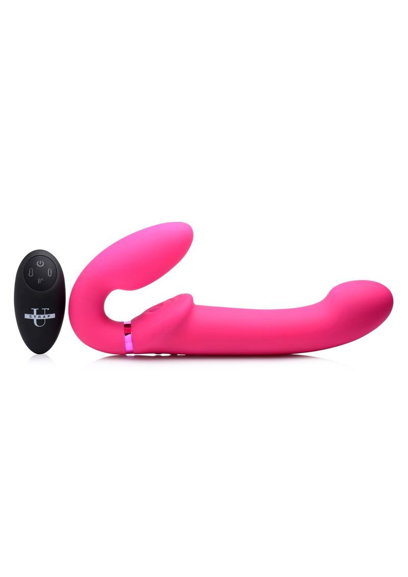 Strap U Ergo-Fit G-Pulse Silicone Rechargeable 10X Dual Dildo Strapless Strap-On With Remote Control - Pink