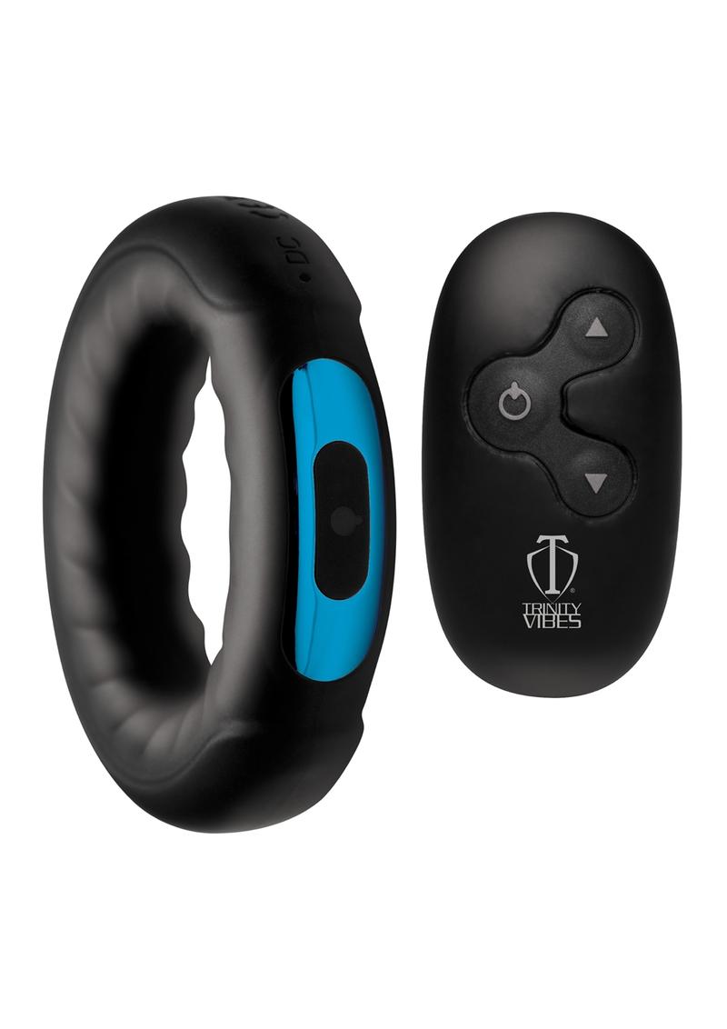 Trinity Vibes Remote Control 7x Rechargeable Silicone Cock Ring - Black