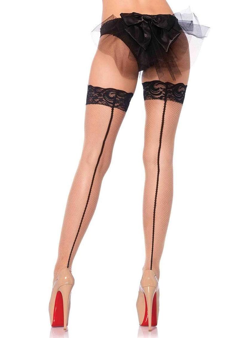 Leg Avenue Stay Up Lace Top Backseam Fishnet Thigh High - O/S - Nude/Black