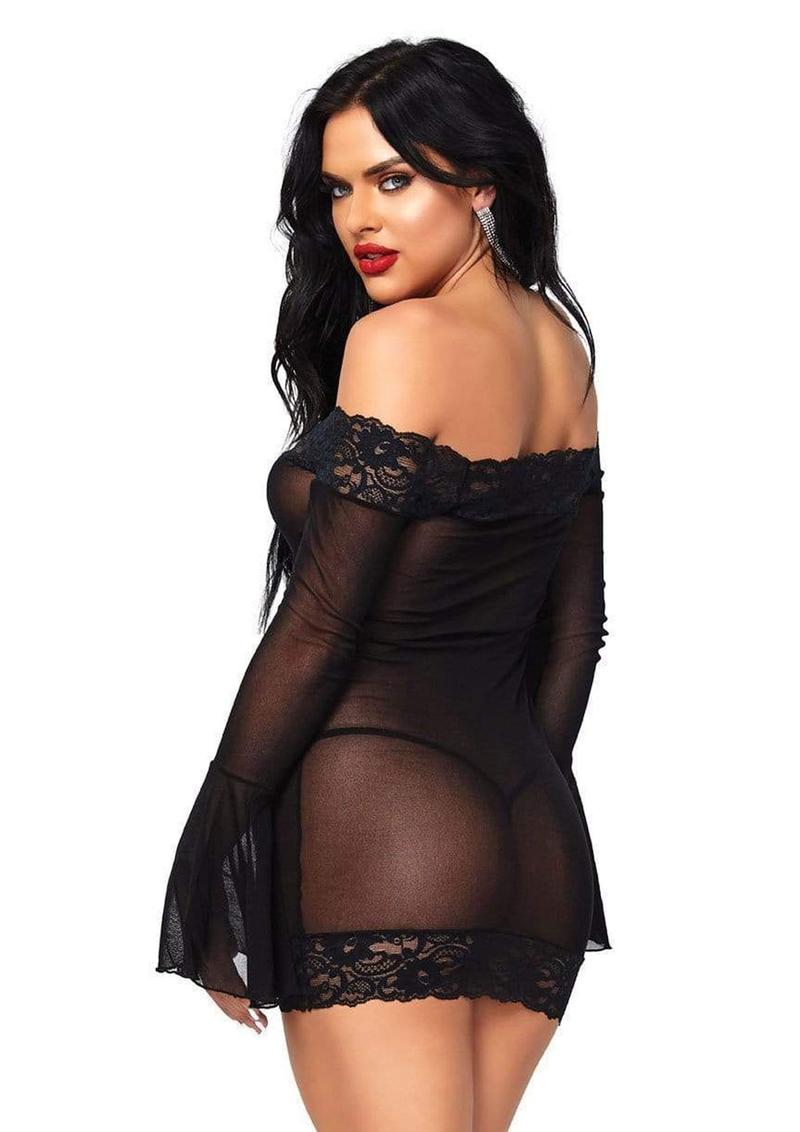 Leg Avenue Off The Shoulder Lace Trimmed Mesh Mini Dress With Lace Bell Sleeves And Matching G-String (2 Piece) - O/S - Black