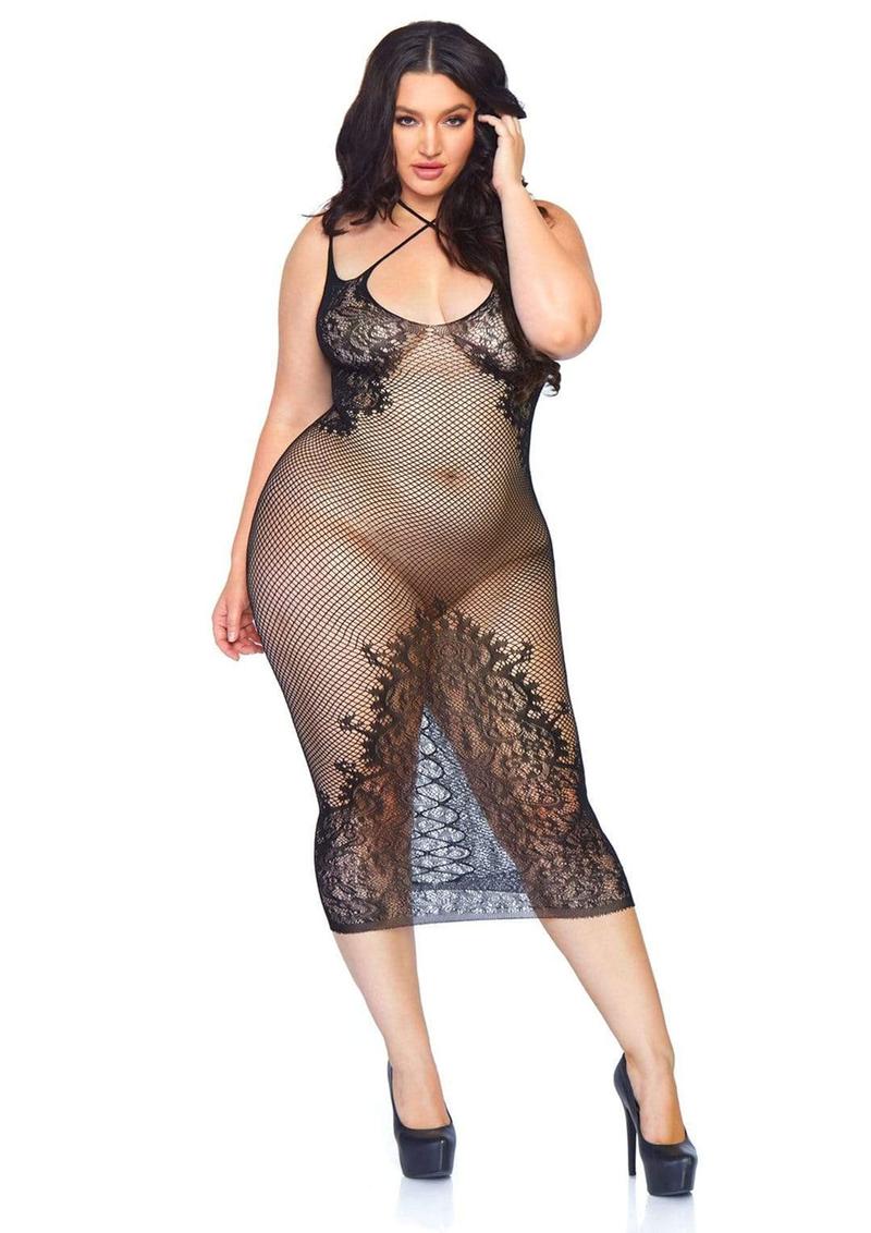 Leg Avenue Seamless Net And Lace Dual Strap Halter Dress With Faux Lace Up Back - 1X-2X - Black