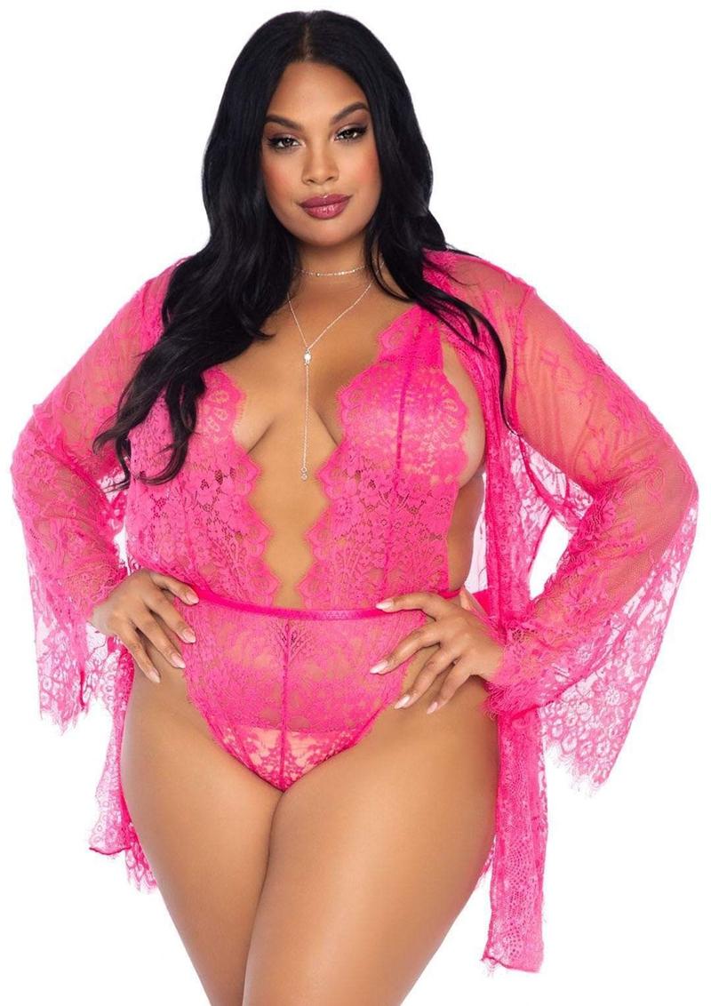 Matching Lace Robe With Scalloped Trim And Satin Tie (3 Piece) - 1X-2X - Hot Pink