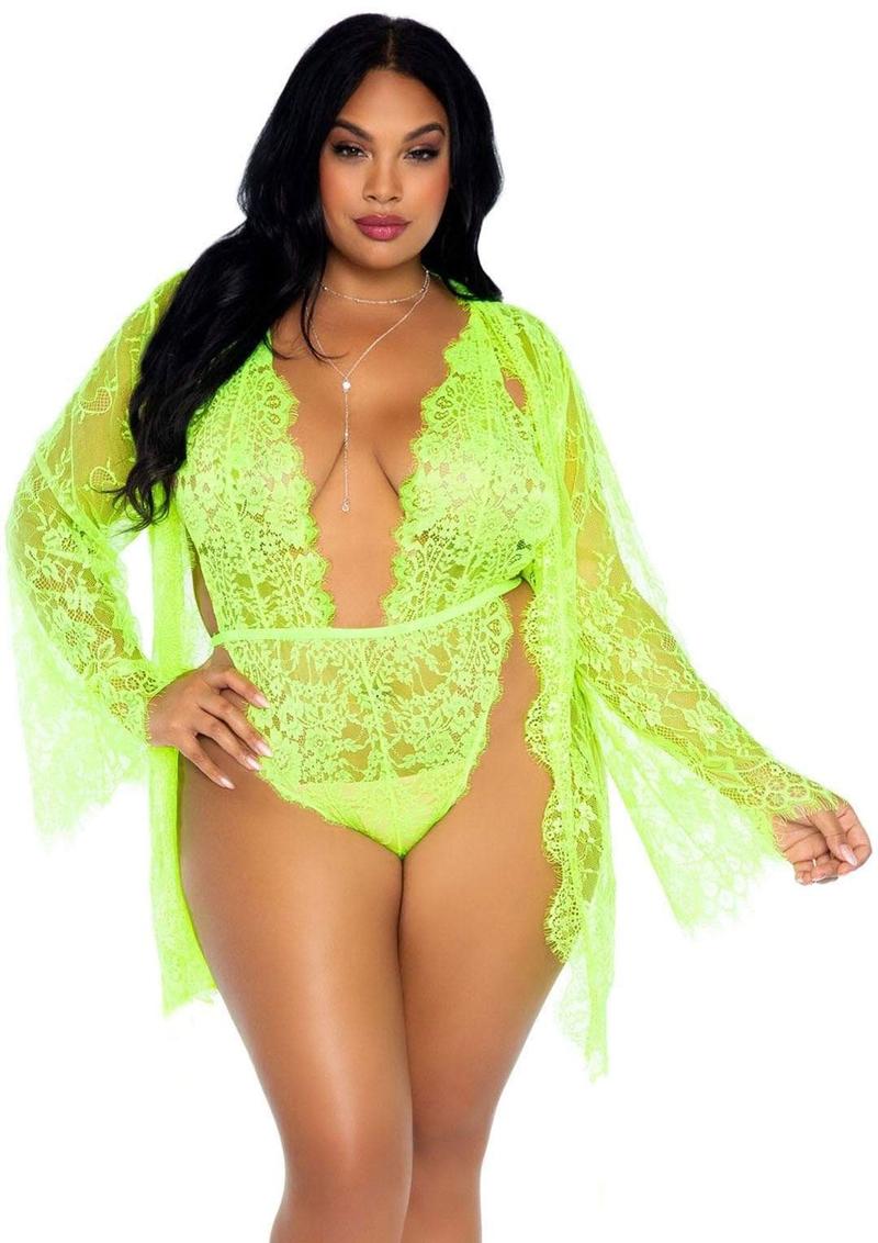 Matching Lace Robe With Scalloped Trim And Satin Tie (3 Piece) - 1X-2X - Lime