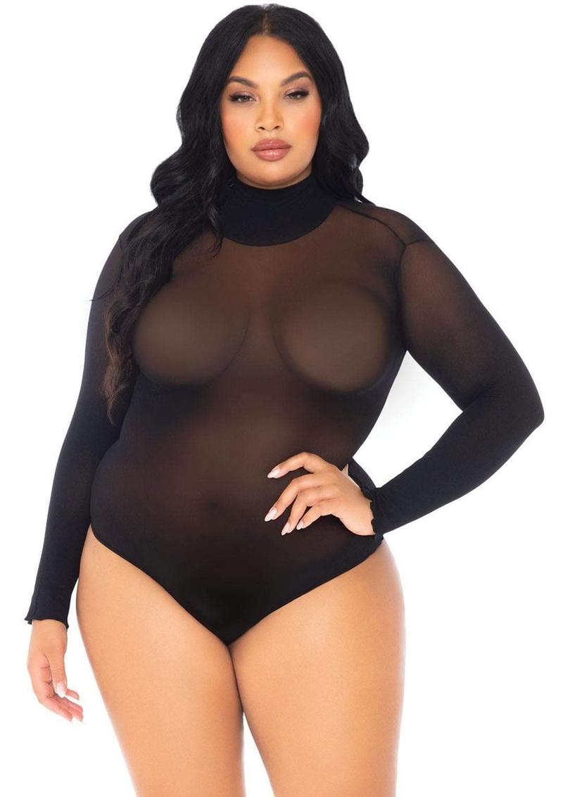 Leg Avenue Opaque High Neck Long Sleeved Bodysuit With Snap Crotch - 1X-2X - Black
