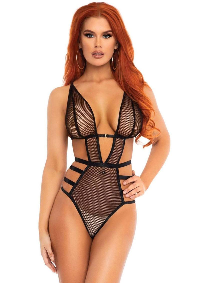 Leg Avenue Fishnet Cut Out Strappy G-String Teddy With Adjustable Straps - Large - Black