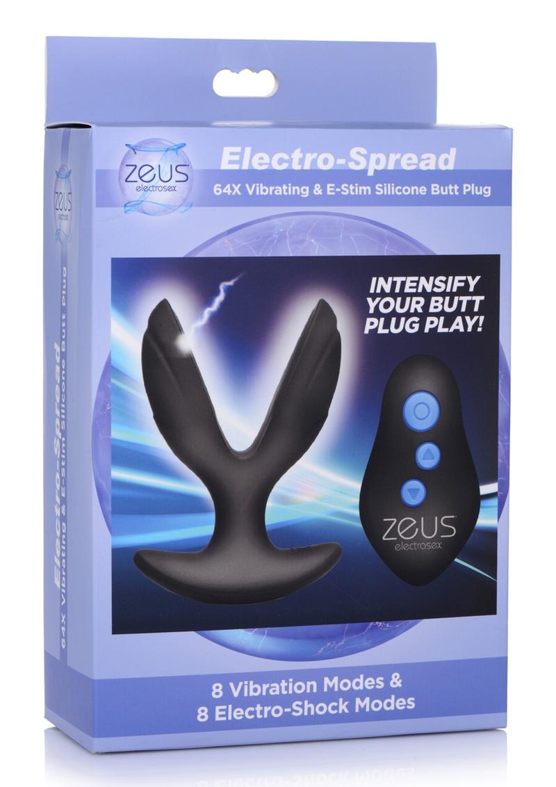 Zeus Electro-Spread 64X Vibrating andamp; E-Stim Silicone Rechargeable Butt Plug With Remote Control - Black