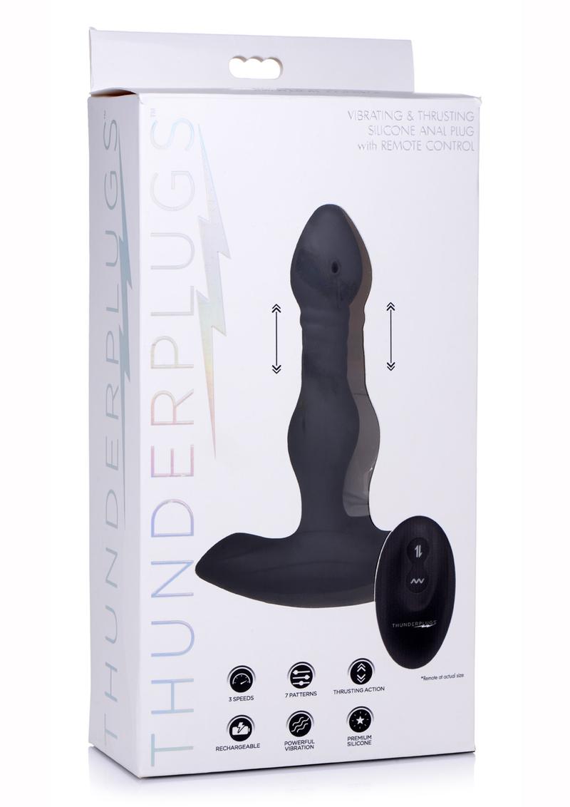 Thunder Plugs Vibrating and Thrusting Silicone Rechargeable Plug With Remote Control - Black
