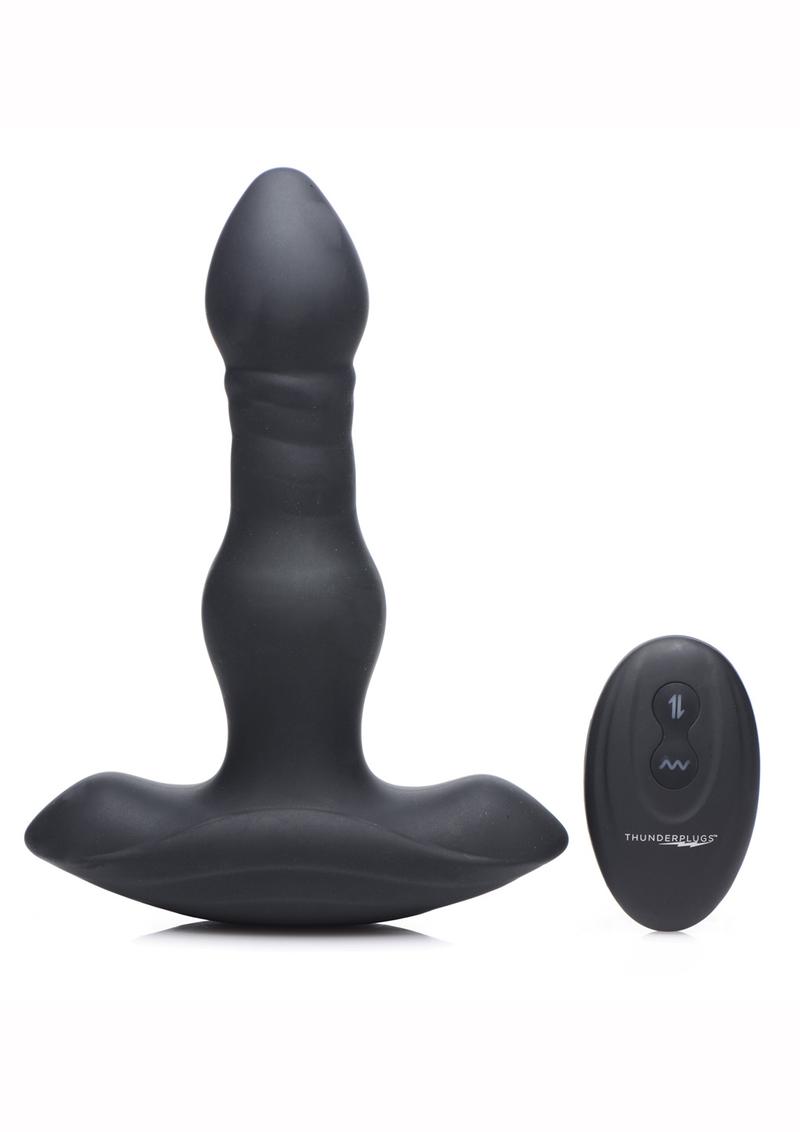 Thunder Plugs Vibrating and Thrusting Silicone Rechargeable Plug With Remote Control - Black