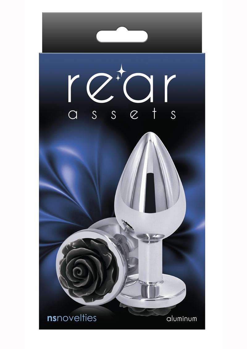 Rear Assets Rose Aluminum Anal Plug - Medium - Black/Silver