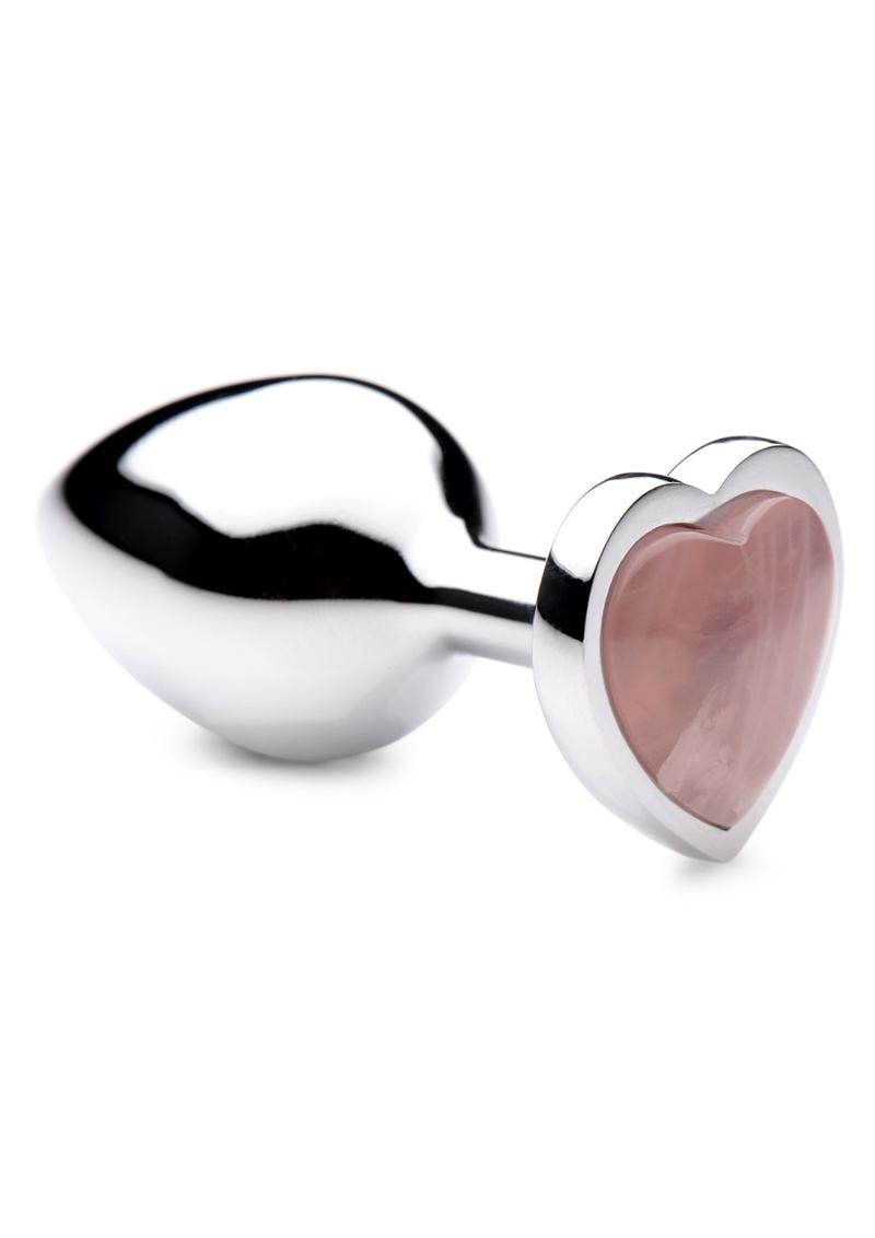 Booty Sparks Gemstones Rose Quartz Heart Anal Plug - Medium - Pink/Silver