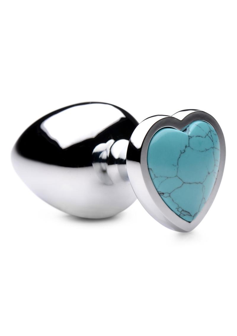 Booty Sparks Gemstones Turquoise Heart Anal Plug - Large - Blue/Silver