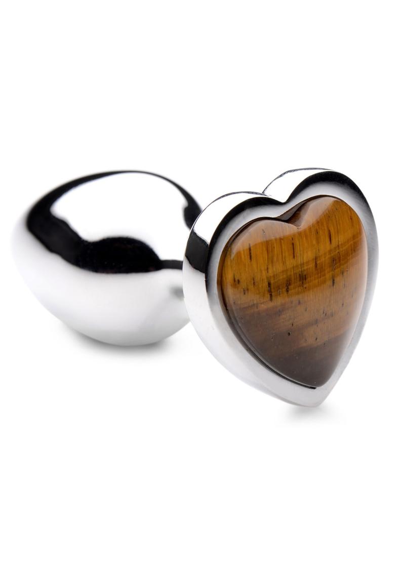 Booty Sparks Gemstones Tiger Eye Heart Anal Plug - Small - Brown/Silver