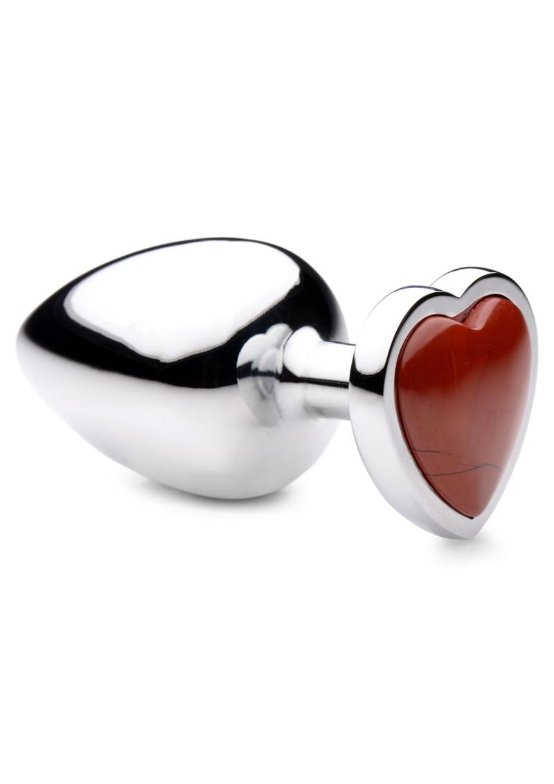Booty Sparks Gemstones Red Jasper Heart Anal Plug - Large - Red/Silver