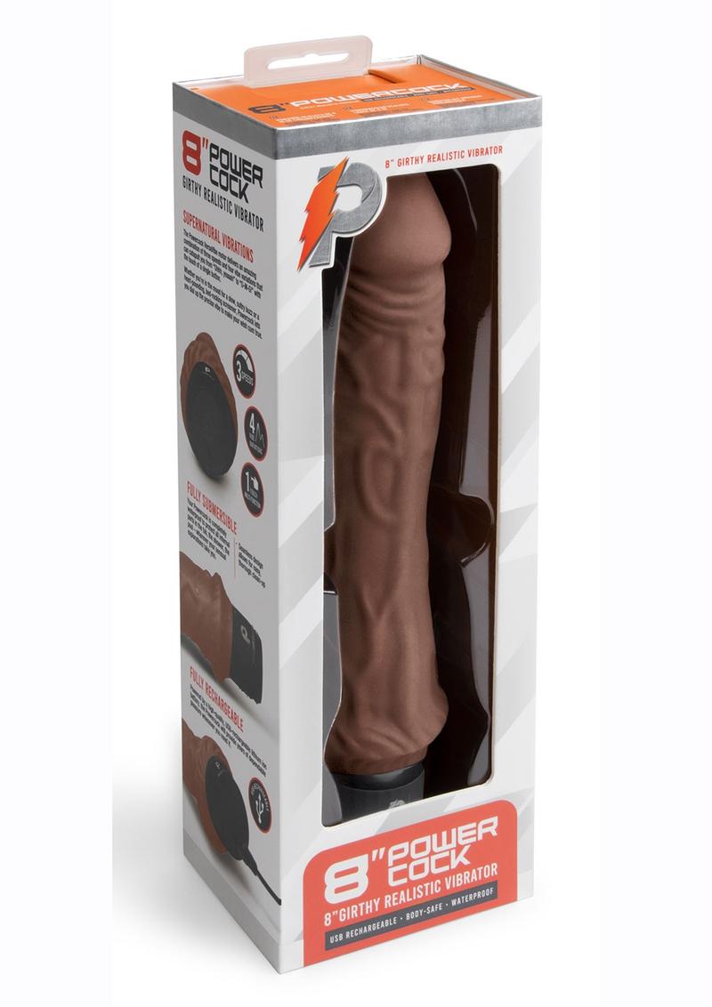Powercocks Silicone Rechargeable Girthy Realistic Vibrator 8in - Chocolate