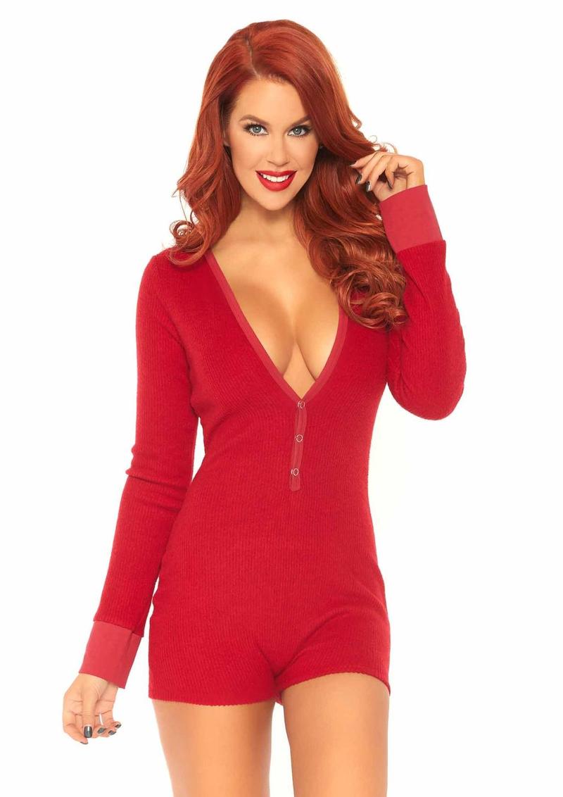 Leg Avenue Brushed Rib Romper Long Johns With Cheeky Snap Closure Back Flap - XLarge - Red