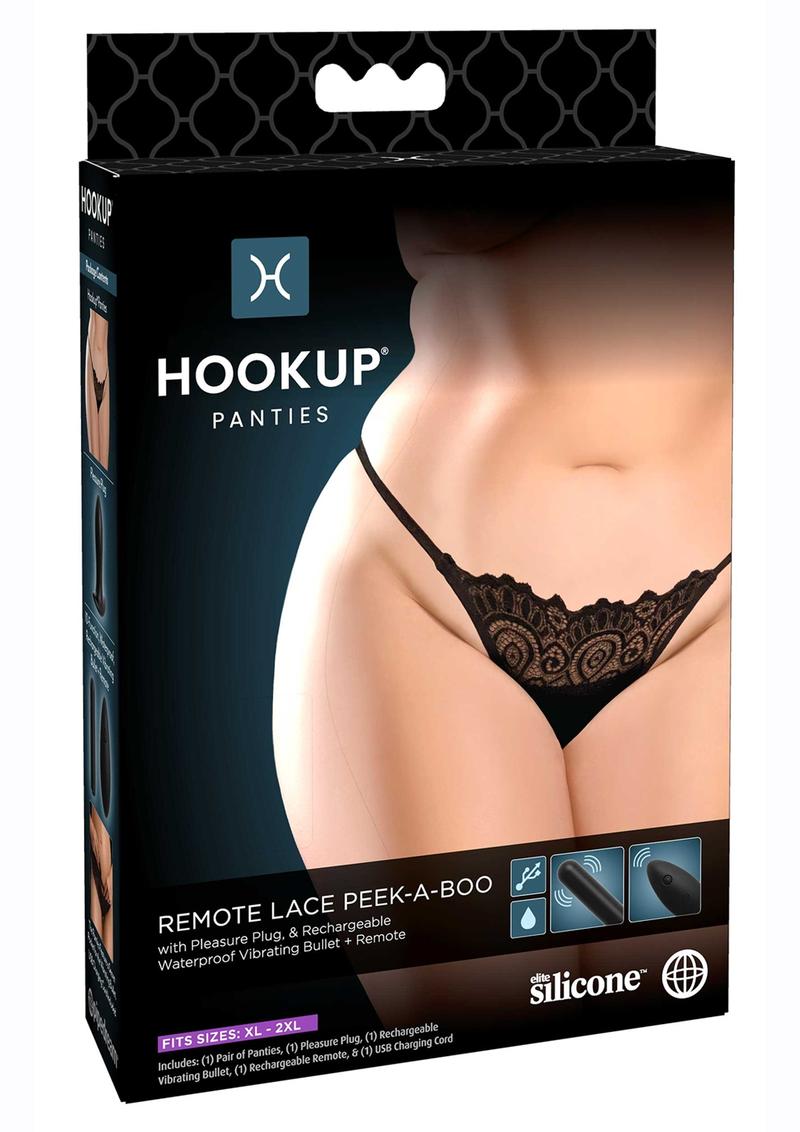 Hookup Panties Silicone Rechargeable Lace Peek-a-Boo With Remote Control - XL/2XL - Black