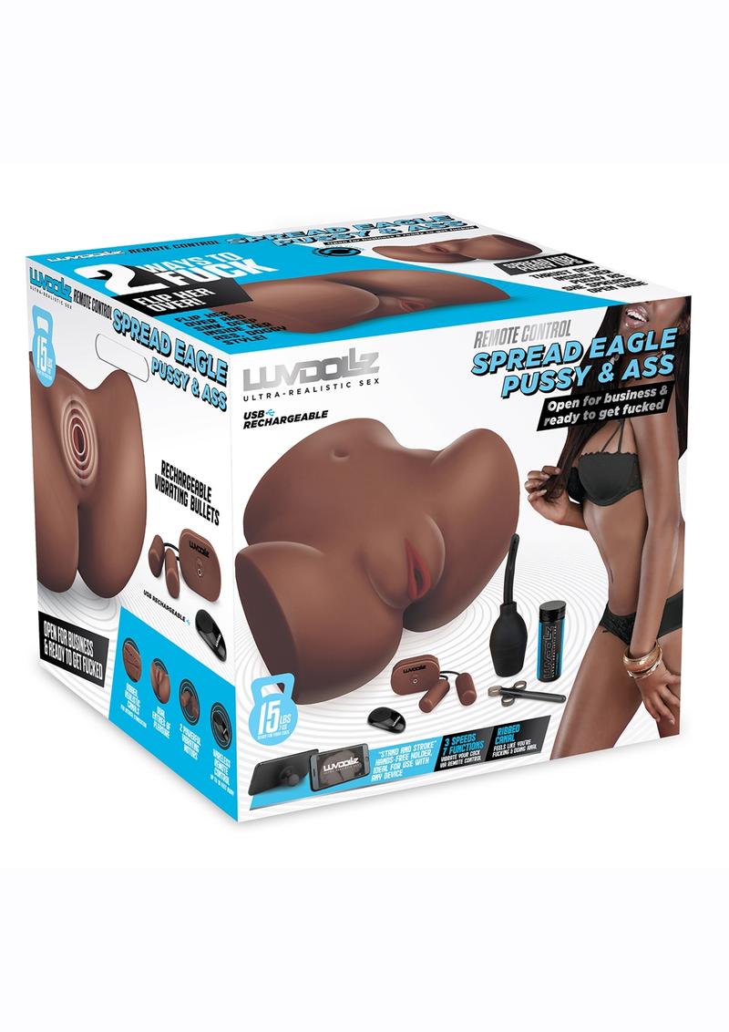 LuvDollz Remote Control Spread Eagle Vibrating Rechargeable Masturbator - Pussy and Ass - Mocha