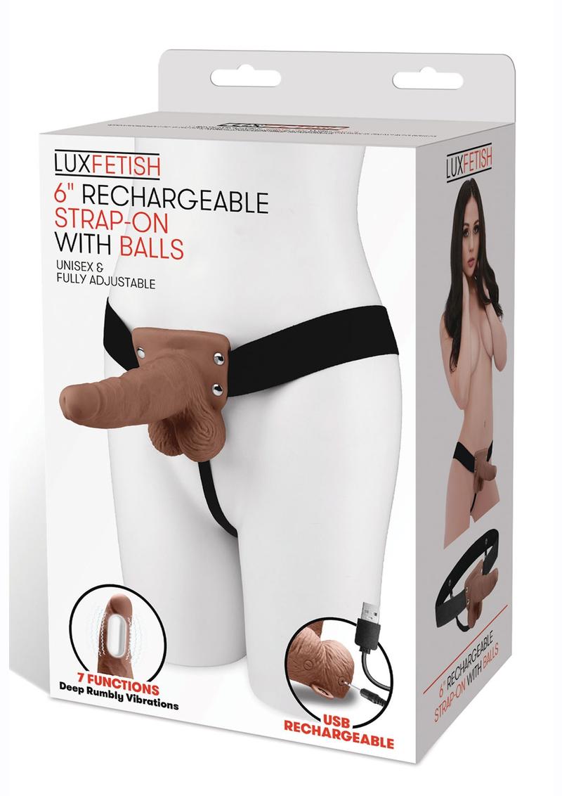 Lux Fetish Rechargeable Strap-on With Balls 6in - Brown
