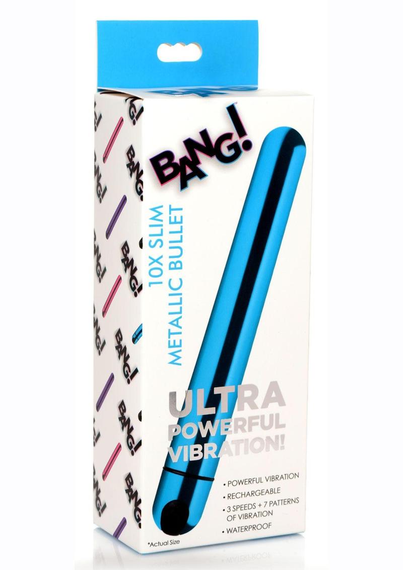 Bang! 10X Slim Metallic Rechargeable Silicone Bullet - Blue