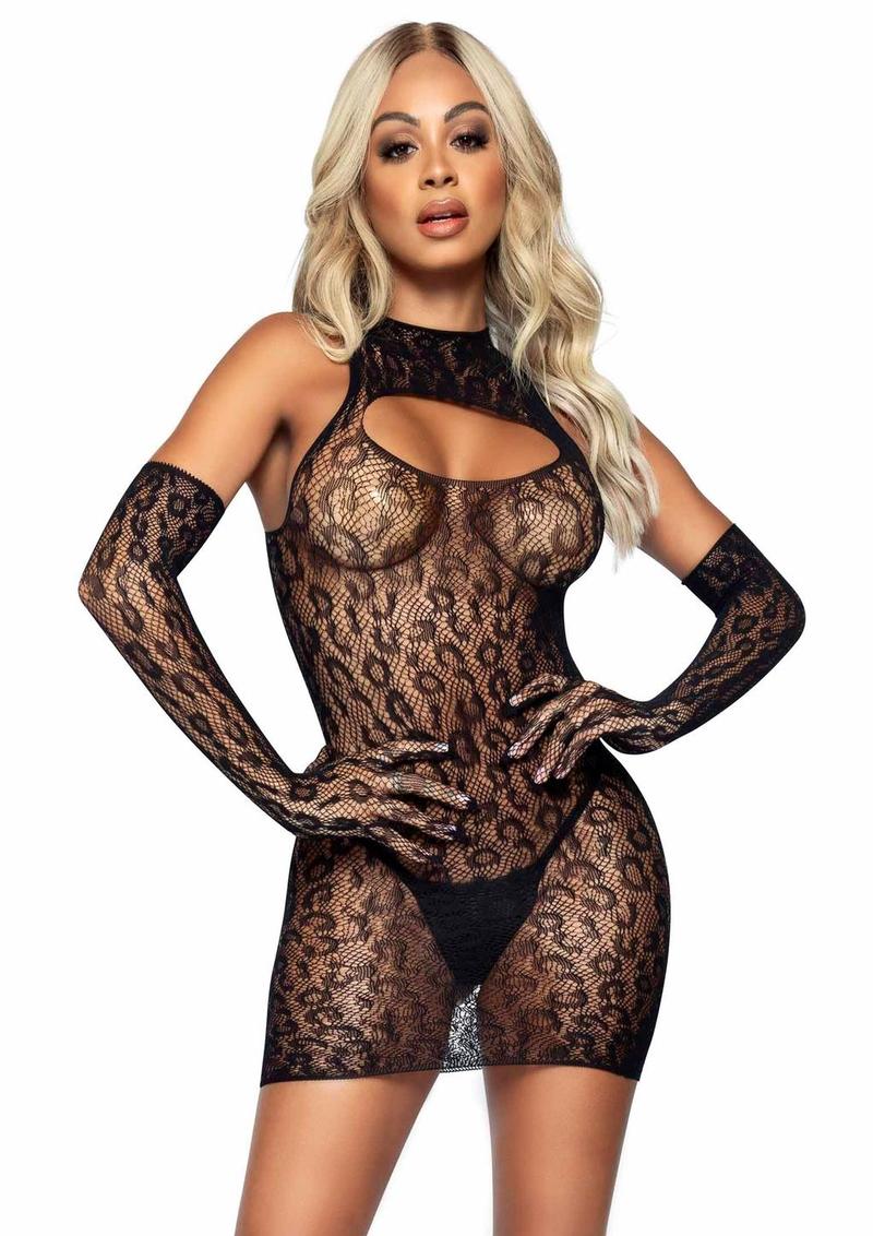 Leg Avenue Leopard Net Keyhole Dress and Matching Gloves (2 pieces) - O/S - Black