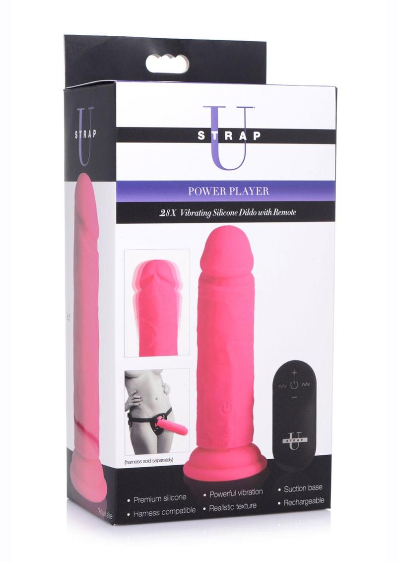 Strap U Power Player 28X Vibrating Silicone Rechargeable Dildo 6.5in With Remote Control - Pink