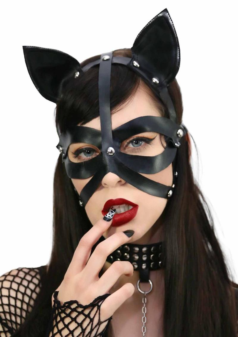 Leg Avenue Wet Look Harness Cat Mask - Black