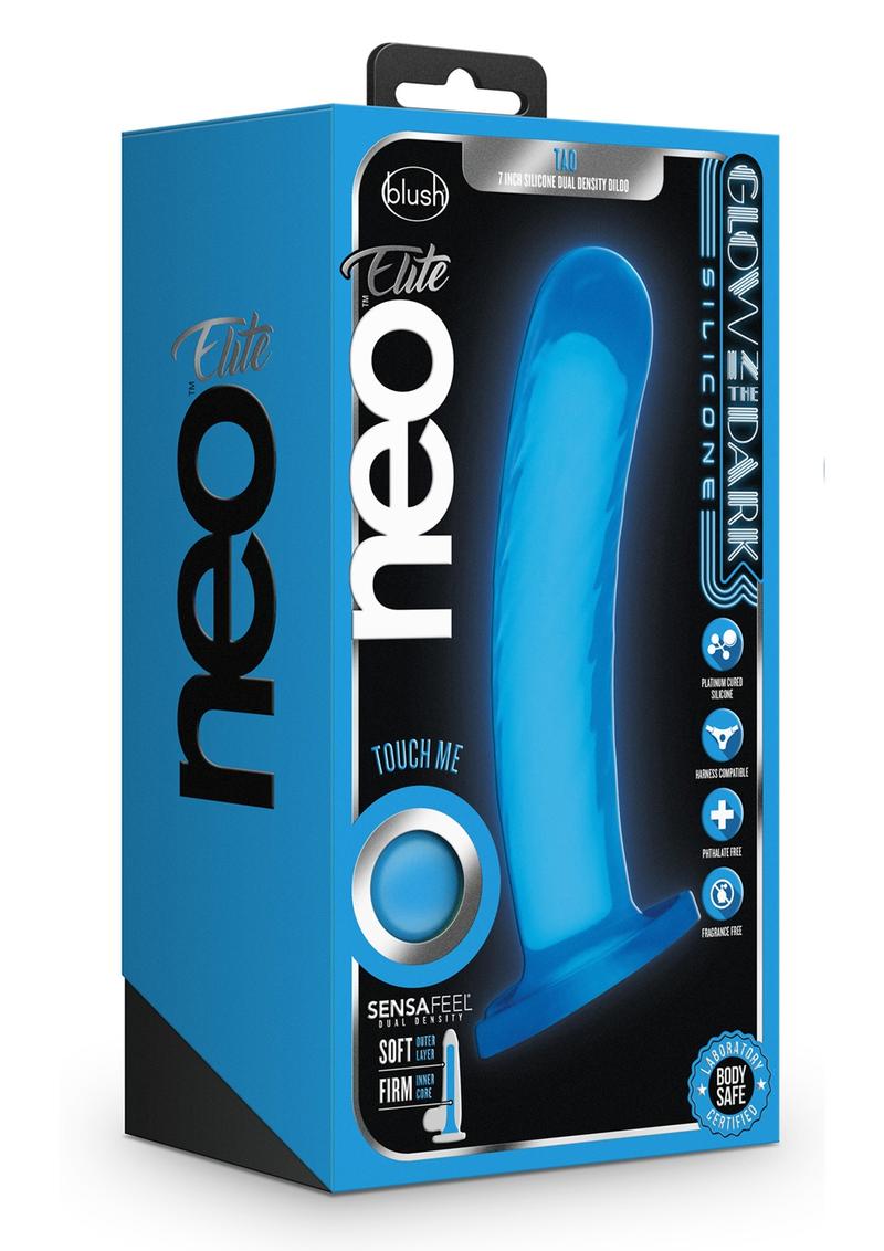 Neo Elite Glow In The Dark Tao Silicone Dual Dense Dildo 7in - Neon Blue