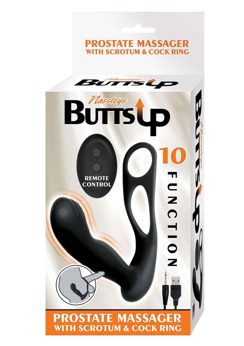 Butts Up Rechargeable Silicone Prostate Massager with Scrotum andamp; Cock Ring - Black