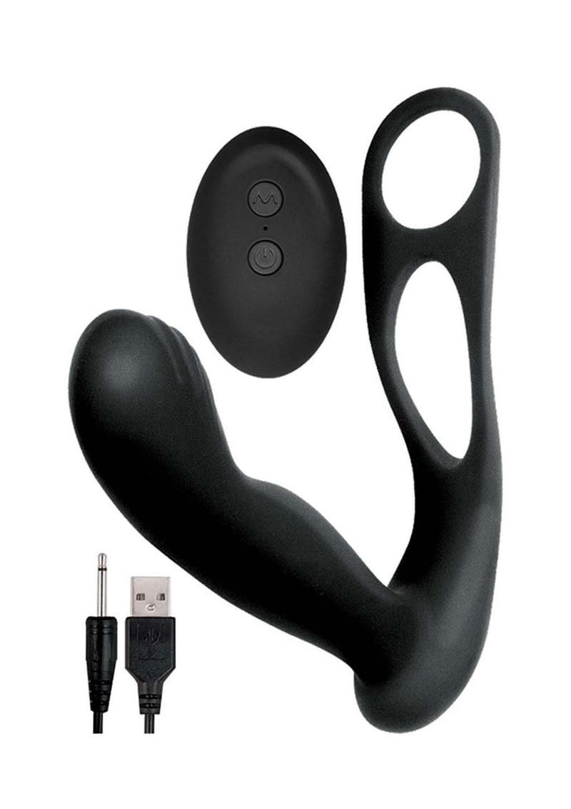 Butts Up Rechargeable Silicone Prostate Massager with Scrotum andamp; Cock Ring - Black