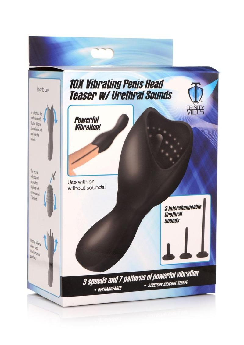 Trinity 4 Men 10X Vibrating Rechargeable Silicone Penis Head Teaser with Urethral Sounds - Black