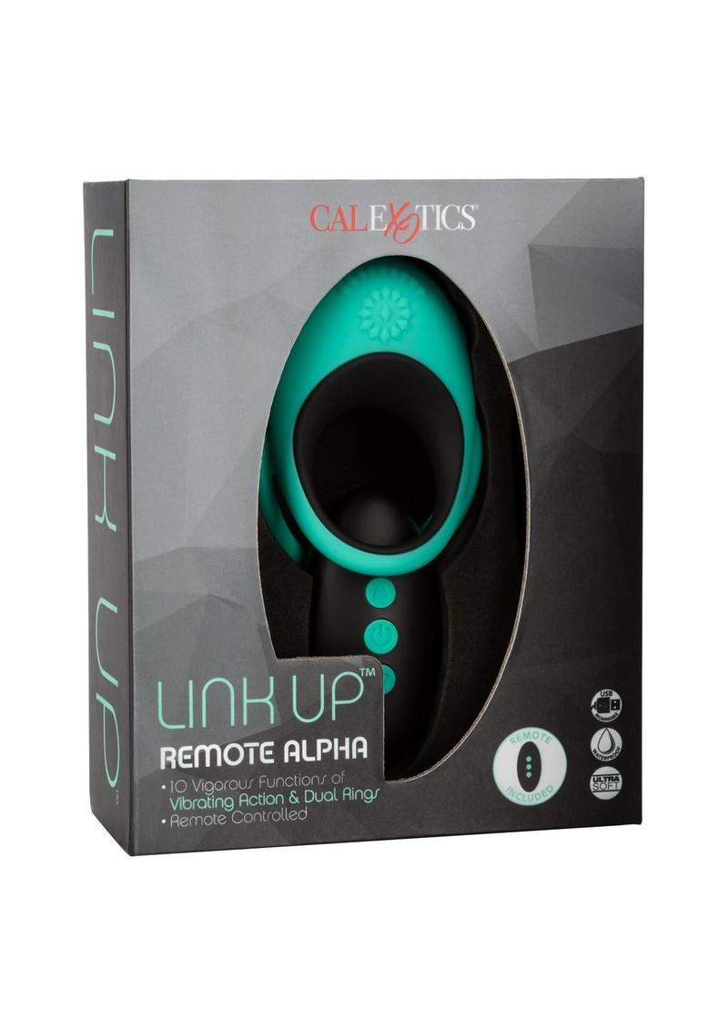 Link Up Remote Alpha Rechargeable Silicone Dual Stimulating Cock Ring with Remote Control - Green/Black