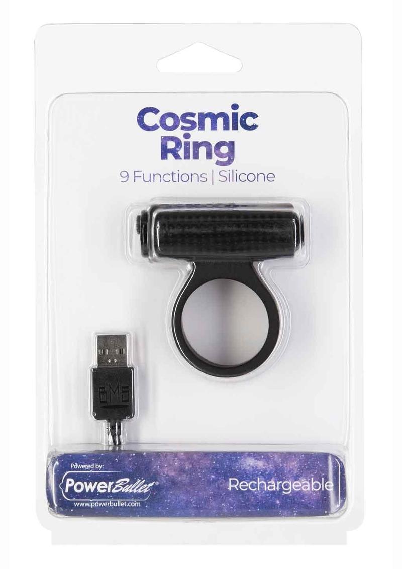 PowerBullet Cosmic Ring Rechargeable Silicone Vibrating Cock Ring - Black