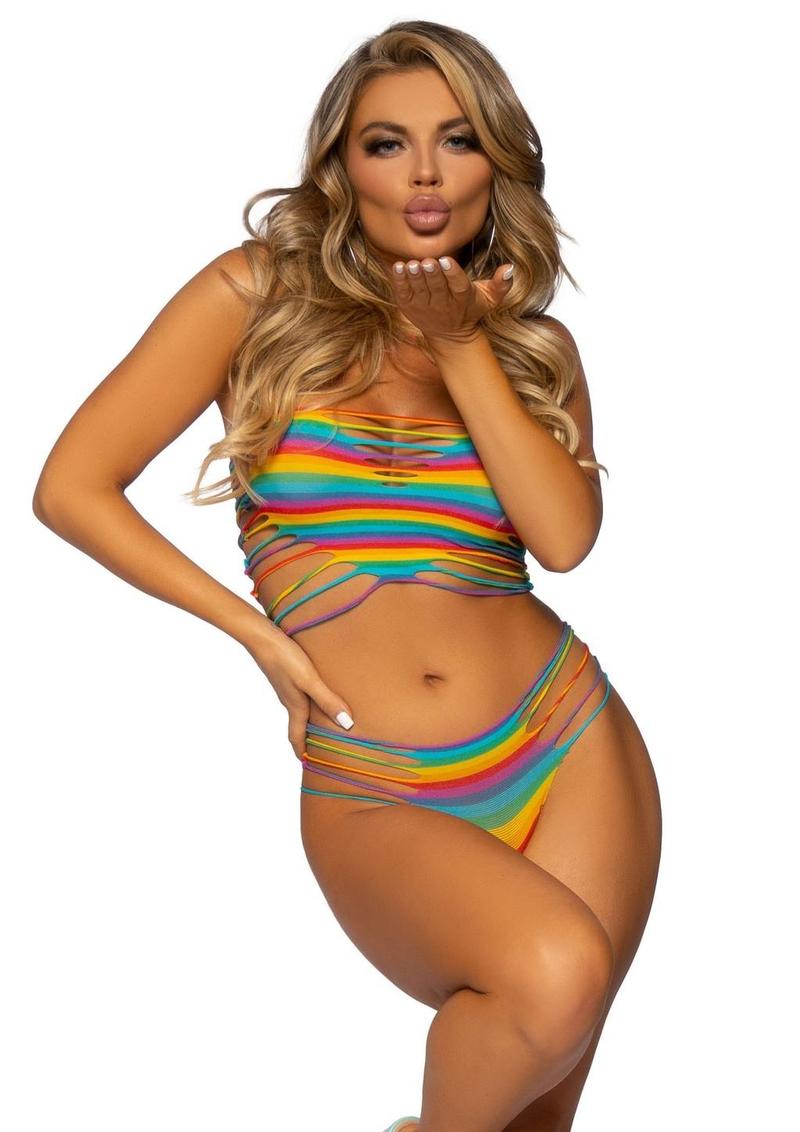 Leg AvenueShredded Rainbow Heart Bandeau Top and Brazilian Panty (2 pieces) - O/S - Multicolor