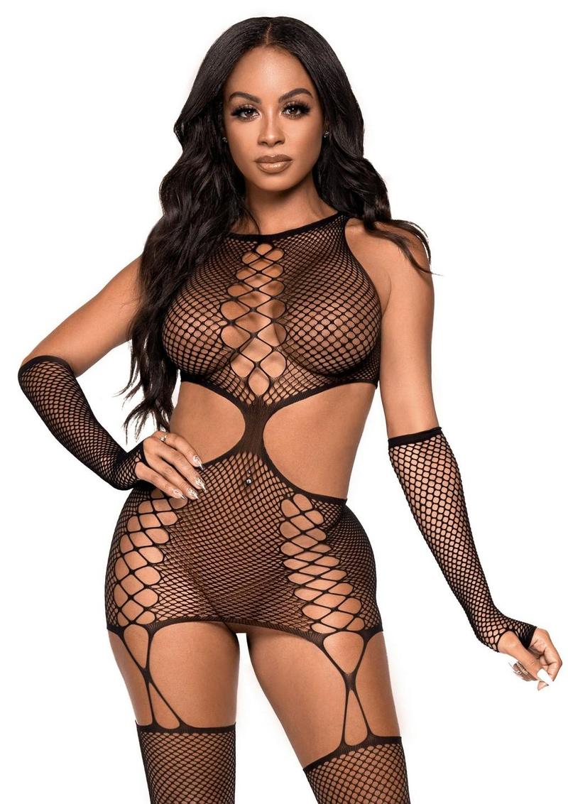 Leg Avenue Net Cut-Out Faux Lace Up Garter Dress with Attached Backseam Stockings and Matching Gloves - O/S - Black