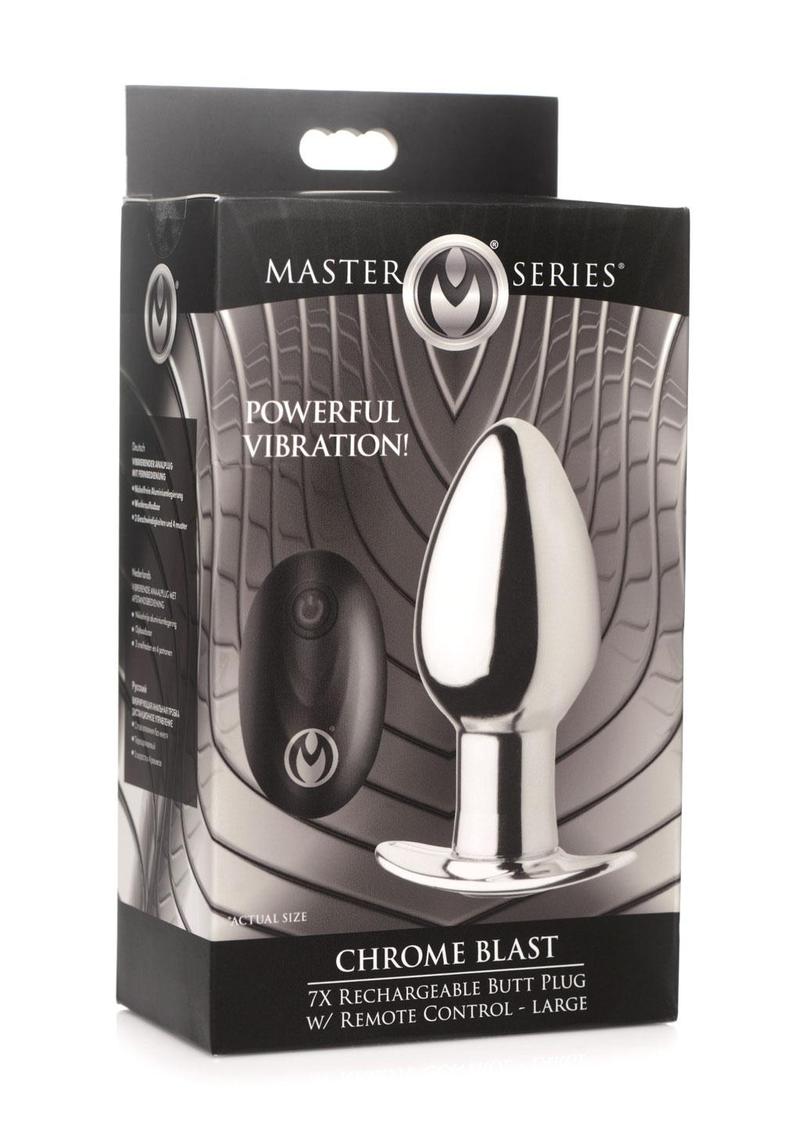 Master Series Chrome Blast 7X Rechargeable Anal Plug with Remote Control - Large - Silver