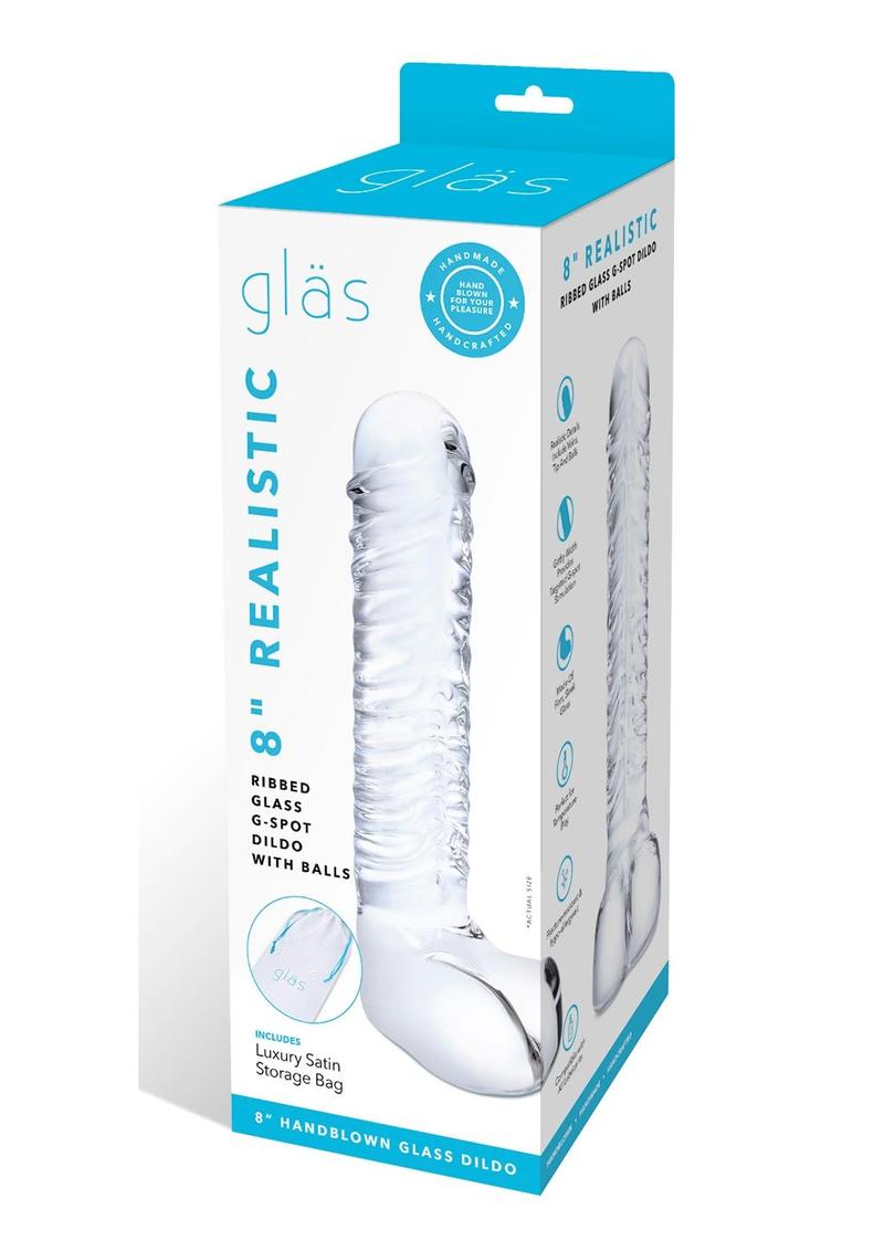 Glas Realistic Ribbed Glass G-Spot Dildo with Balls 8in - Clear