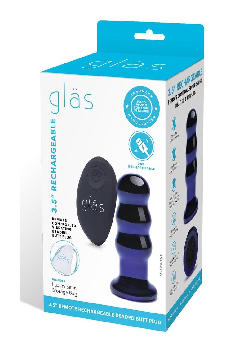 Glas Rechargeable Remote Controlled Vibrating Glass Beaded Buttplug 3.5in - Blue