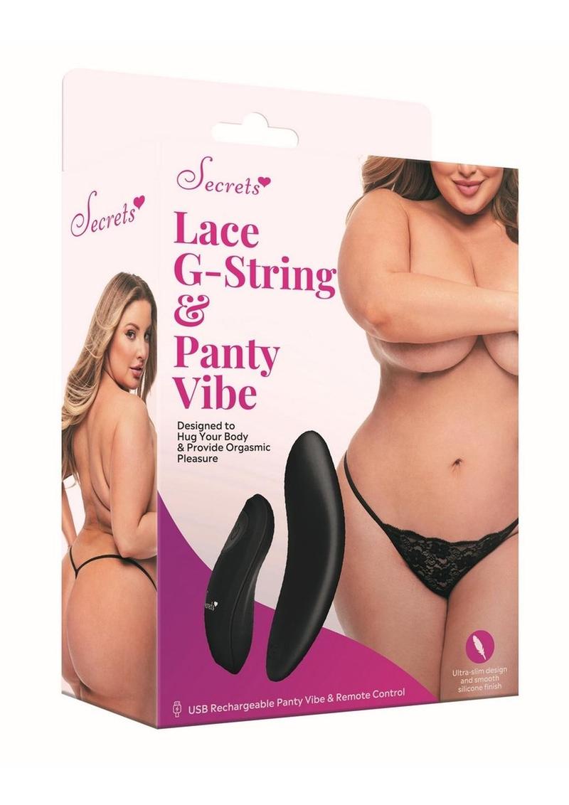 Secret Kisses Rechargeable Silicone Lace G-String and Panty Vibe - Queen - Black