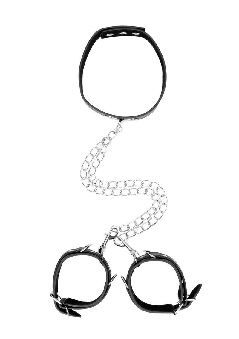 Ouch! Bonded Leather Collar with Hand Cuffs and Leash - Black