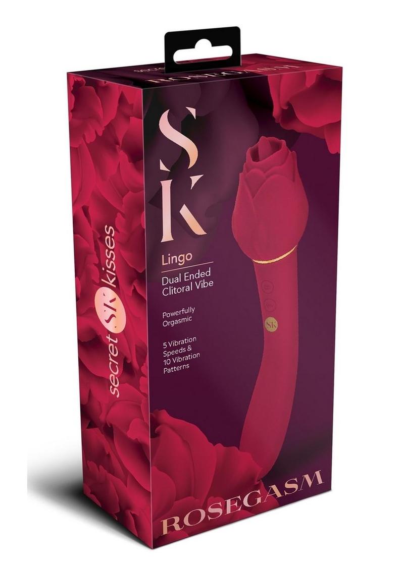 Secret Kisses Rosegasm Lingo Rechargeable Silicone Dual End Vibrator with Clitoral Stimulator - Red