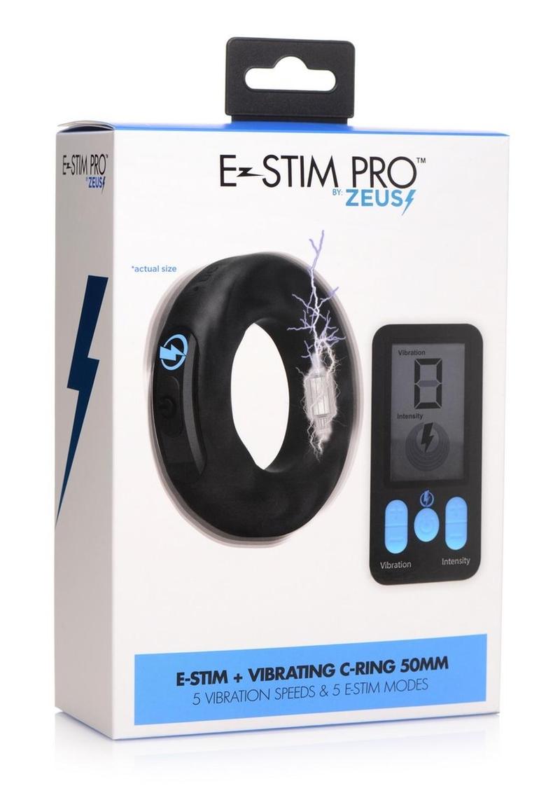 Zeus Vibrating andamp; E-Stim Rechargeable Silicone Cock Ring with Remote Control 50mm - Black