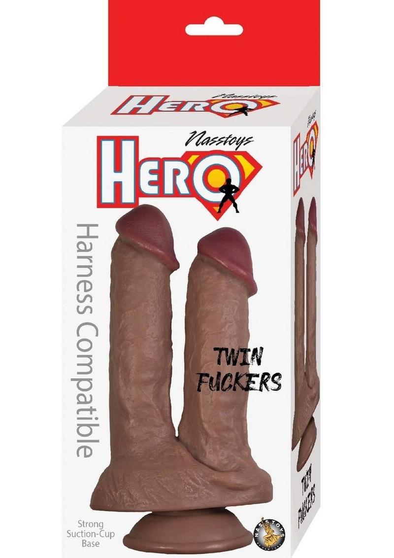 Hero Twin Fuckers Double Dildo with Suction Cup - Chocolate