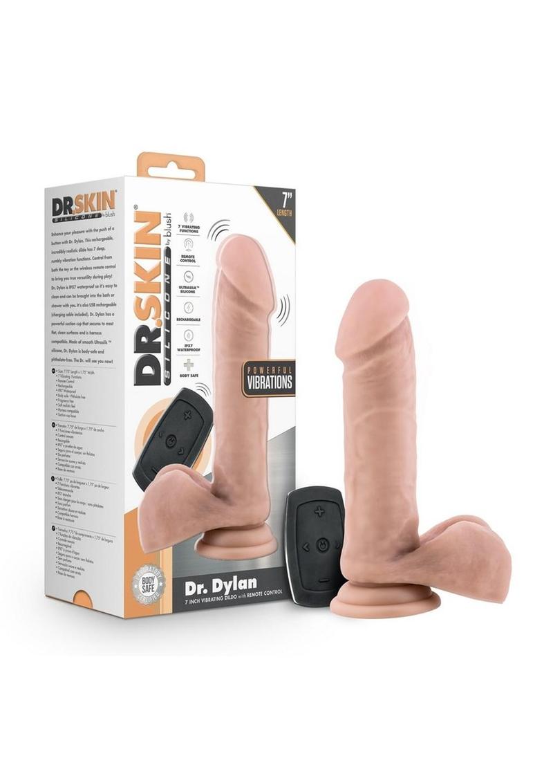 Dr. Skin Silicone Dr. Dylan Rechargeable Vibrating Dildo with Remote Control 7in - Vanilla