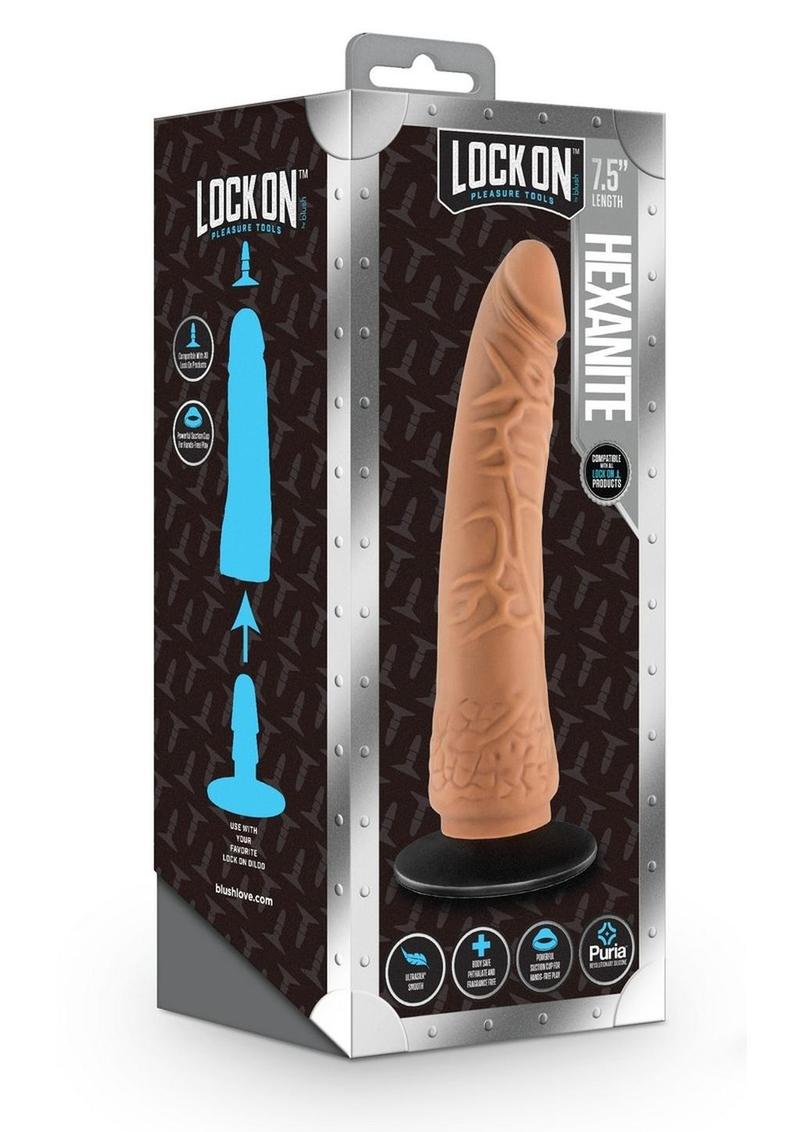 Lock On Hexanite Dildo with Suction Cup Adapter 7.5in - Caramel