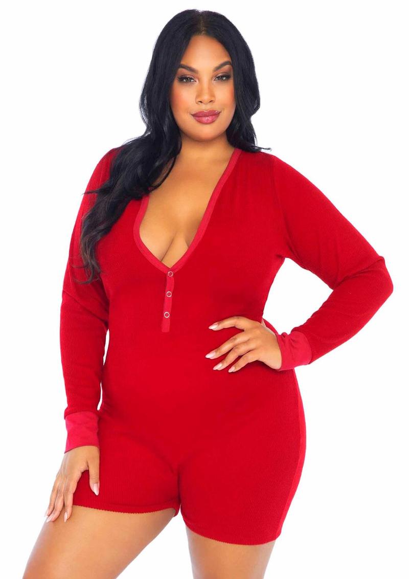 Leg Avenue Brushed Rib Romper Long Johns with Cheeky Snap Closure Back Flap - 1X/2X - Red