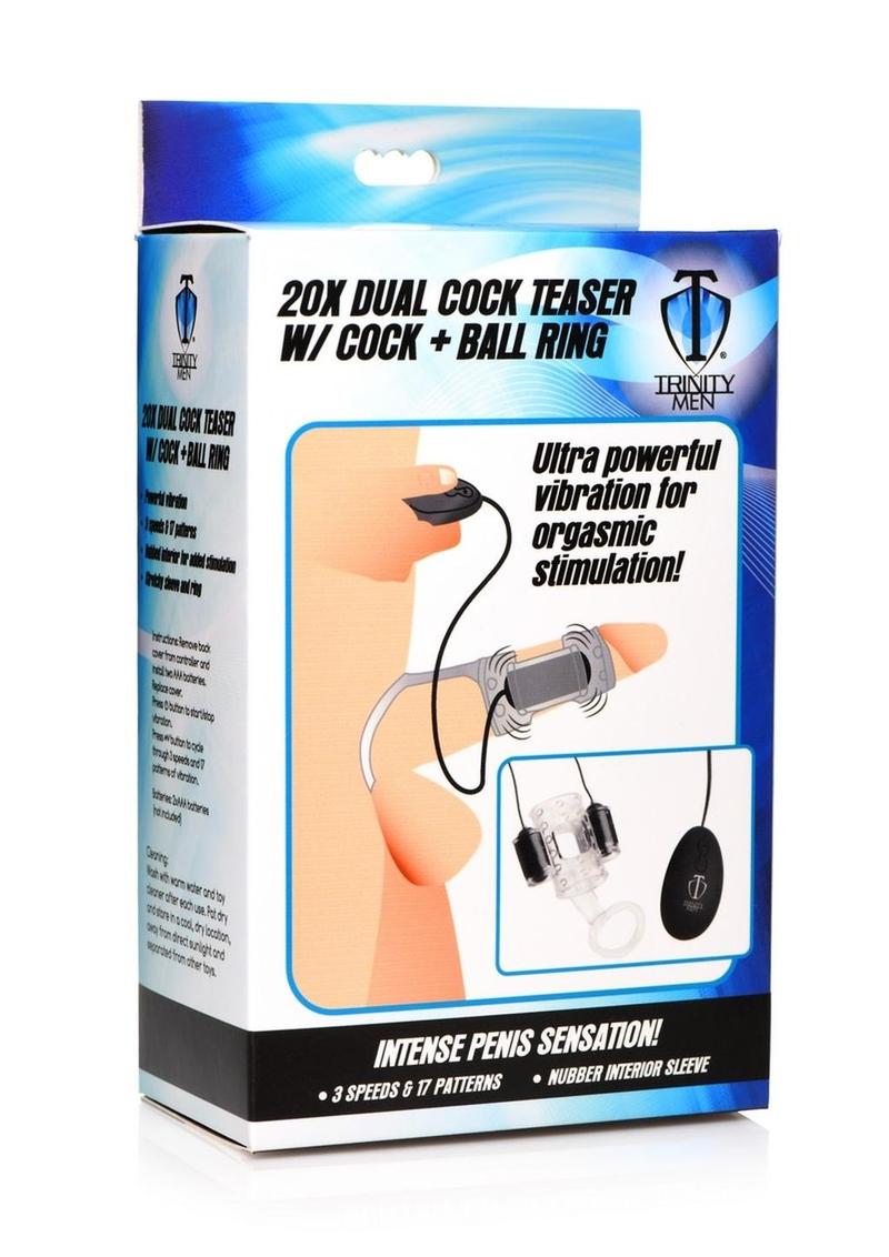 Trinity Men 20X Dual Cock Teaser with Cock andamp; Ball Ring - Clear