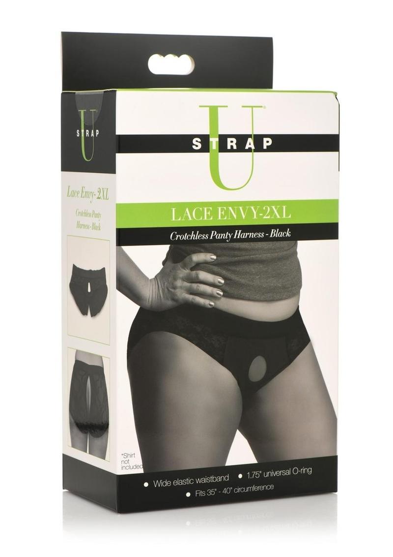 Strap U Lace Envy Black Crotchless Panty Harness - 2XL - Black