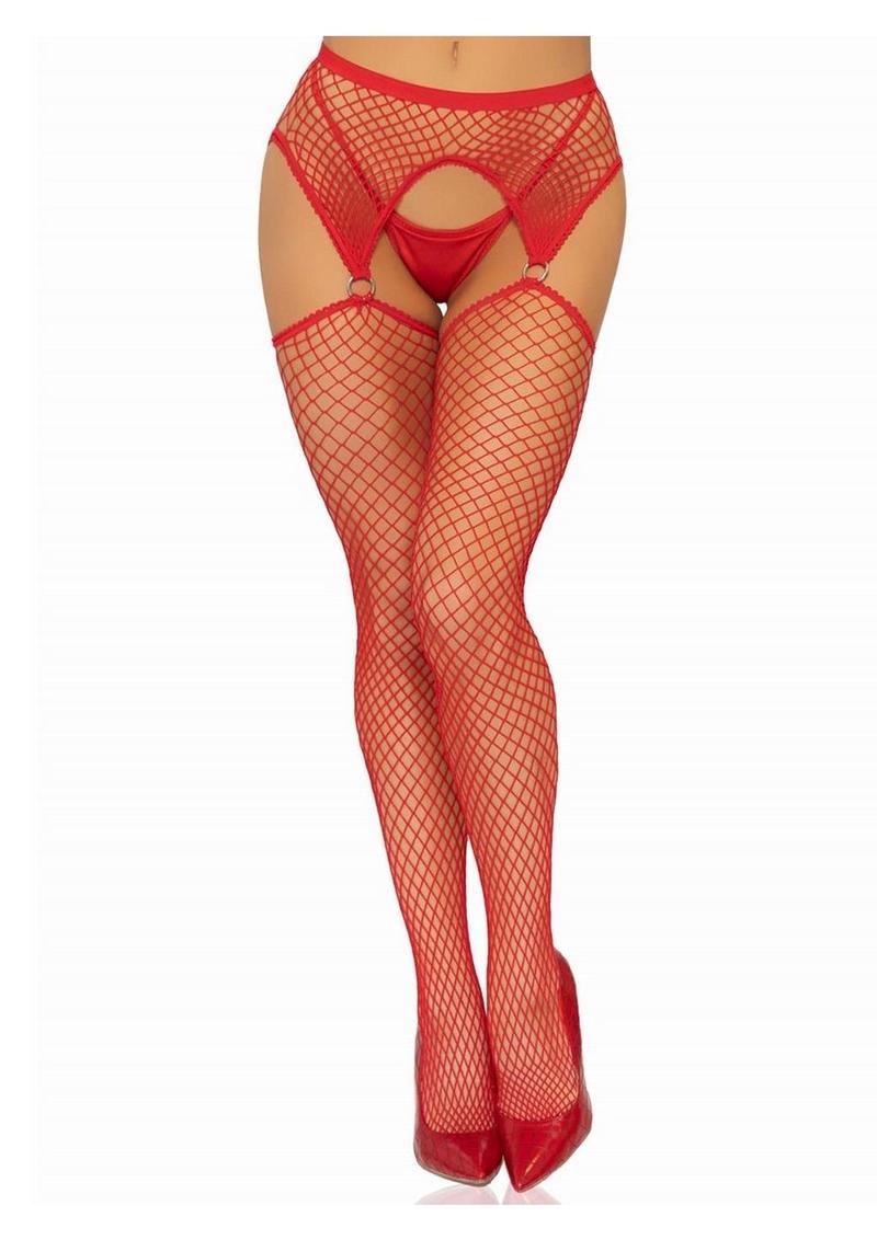 Industrial Net Stockings with O-Ring Attached Garter Belt - O/S - Red