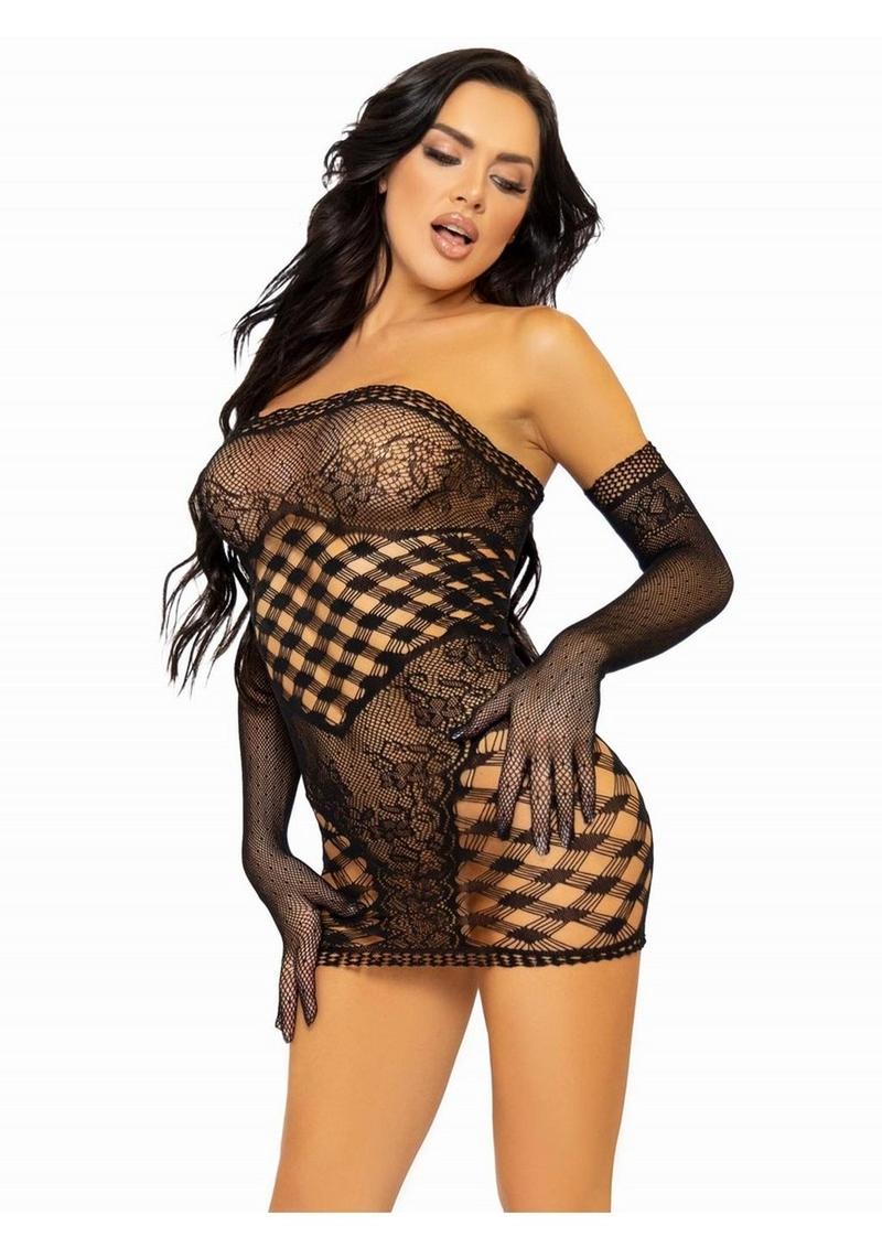 Leg Avenue Hardcore Net Tube Dress with Lace Accent and Matching Gloves (2 Piece) - O/S - Black